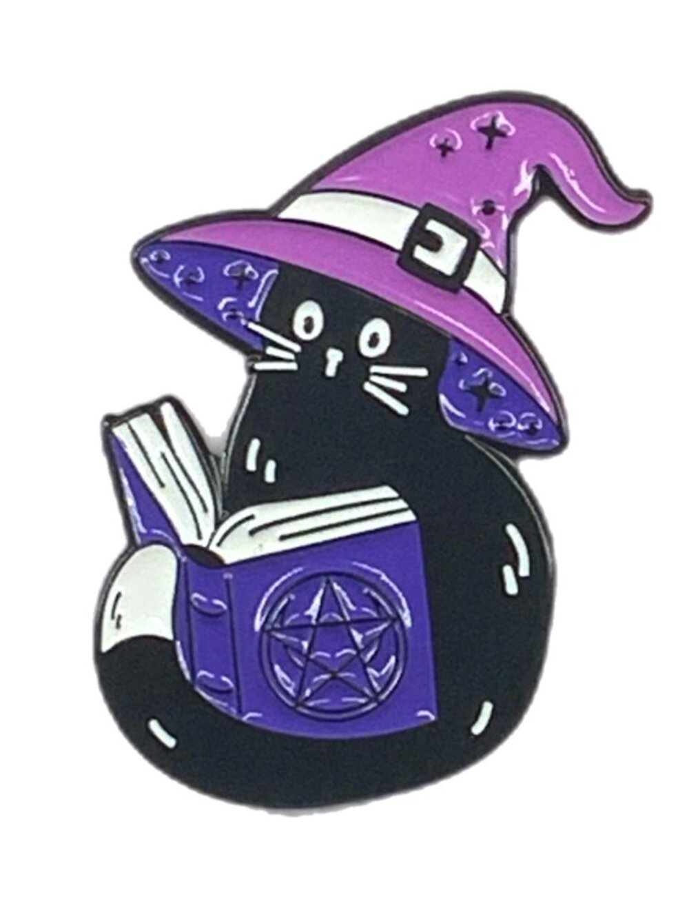 Wizard Witchy Cat Reading a Spell Book Enamel Pin Black Metal